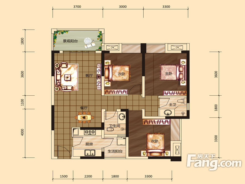 西苑6号3室2厅2卫|84.75m2_九龙坡楼盘户型图 - 融360