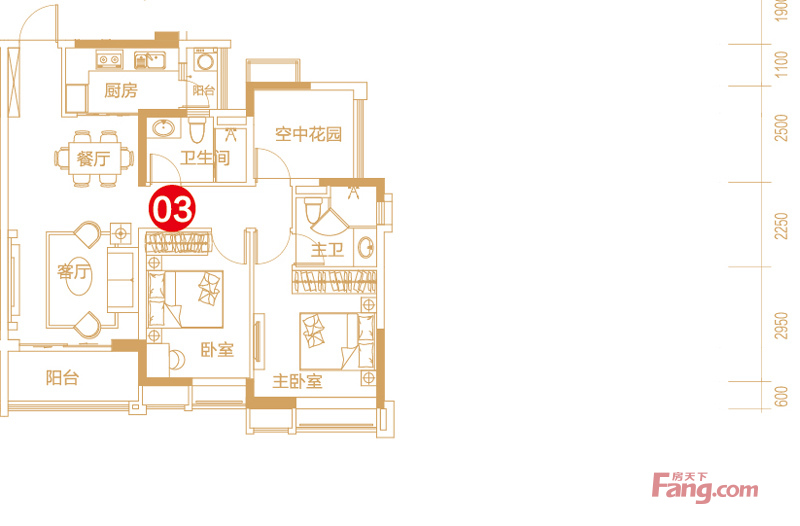 保利紫山3室2厅2卫|90.00m2户型图