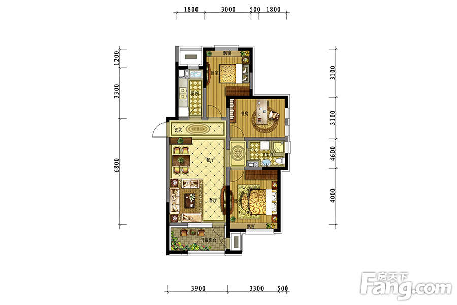 沈阳孔雀城英国宫3室2厅1卫|100.00m2户型图