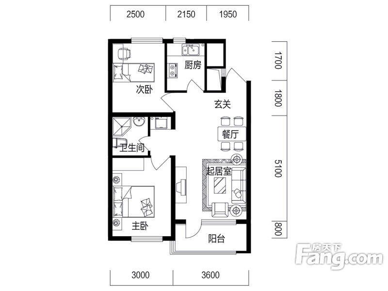 甜橙派2室2厅1卫|73.40m2户型图