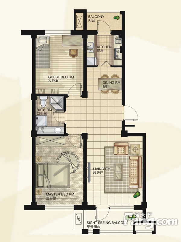 金地华府二期2室2厅1卫|83.22m2户型图